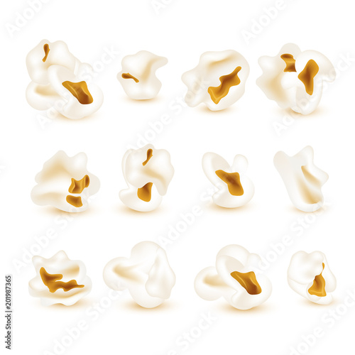 Realistic popcorn set. Isolated on white background. Elements for cinema, food, movie design. Vector illustration.