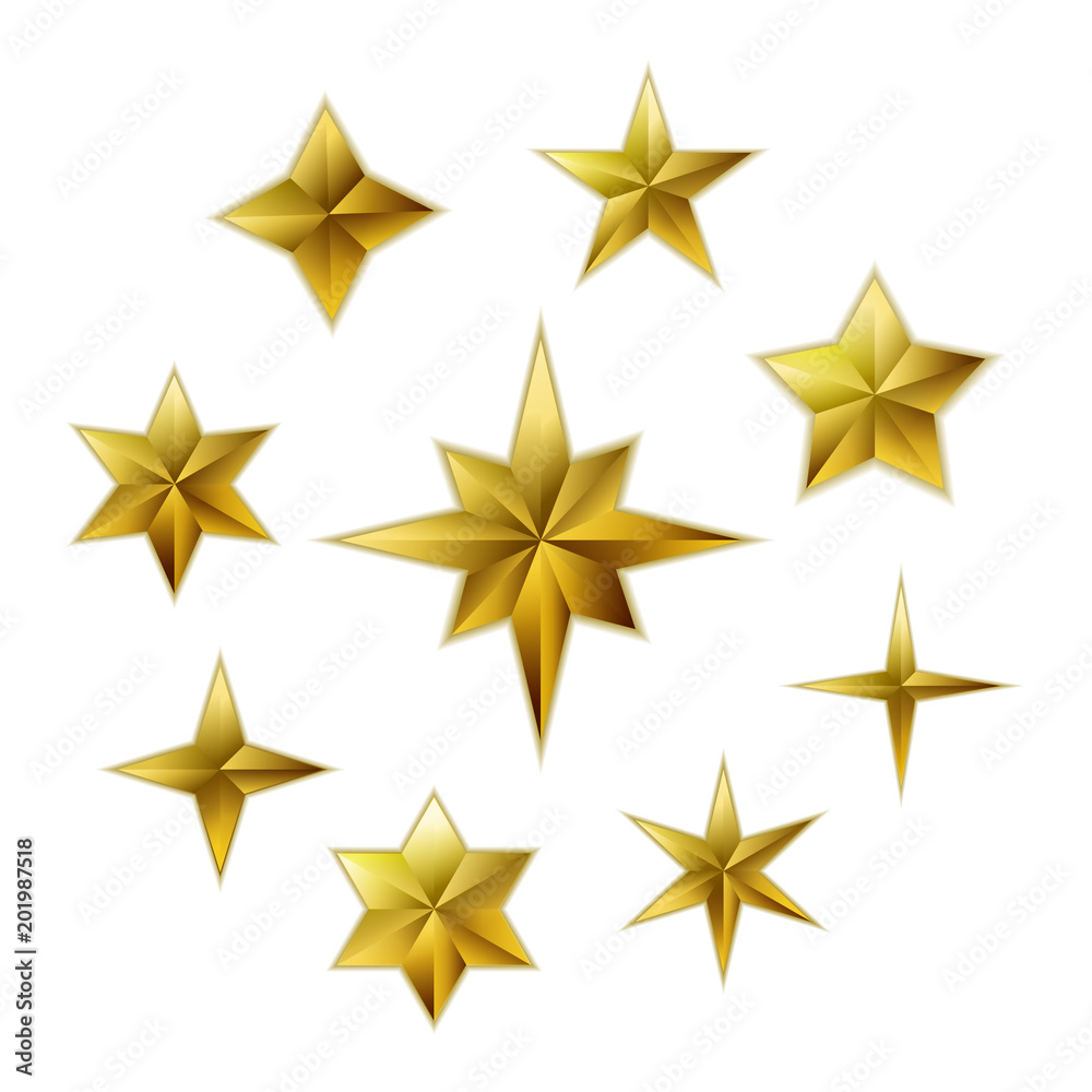 Vector set of realistic golden 3D stars Vector set of realistic golden 3D stars