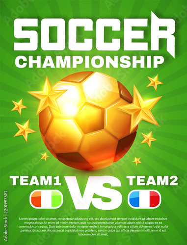 Soccer Championship. Football Cup Layout Design Template with Ball and Stars.