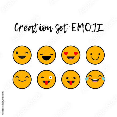 Creation set EMOJI. Set Emotions. Lettering. Cute cartoon. Vector style smile icons. 