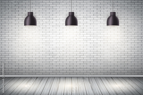 Interior of White brick wall with vintage pedant lamps and wooden floor. Vintage Rural room and fashion interior. Grunge Industrial Texture. Background of loft and trendy showroom or cafe. Vector.