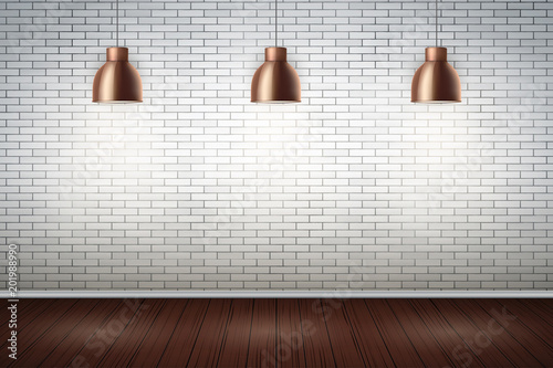 Interior of White brick wall with vintage pedant lamps and wooden floor. Vintage Rural room and fashion interior. Grunge Industrial Texture. Background of loft and trendy showroom or cafe. Vector.