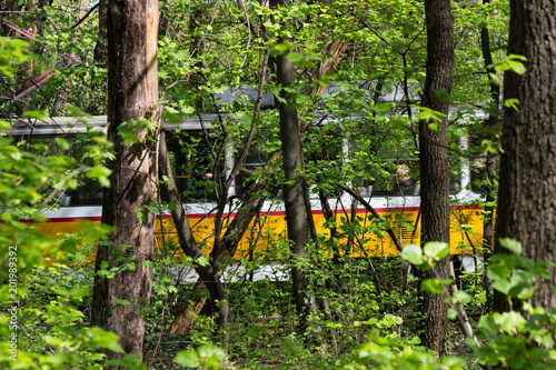 A tram car passing through a forest, Borisova gradona park, Sofia, Bulgaria photo