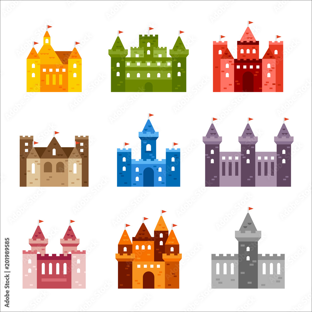 various kind of Fairy tale castle. vector flat design illustration set 