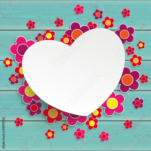 Turquoise Wooden Table Pink Flowers White Heart