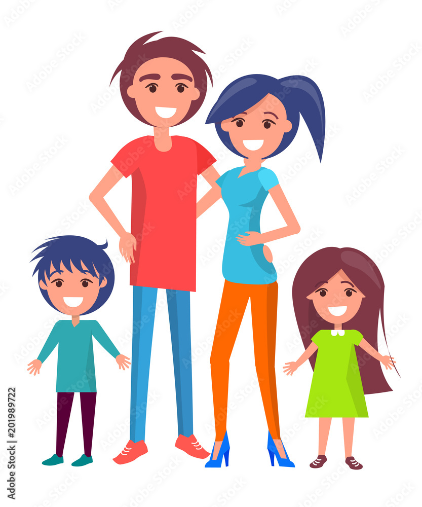 Happy Family Poster with Parents and Two Children Happy Family Poster with Parents and Two Children