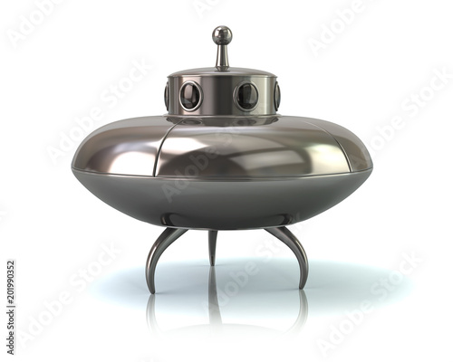Silver ufo space ship standing on the ground 3d illustration