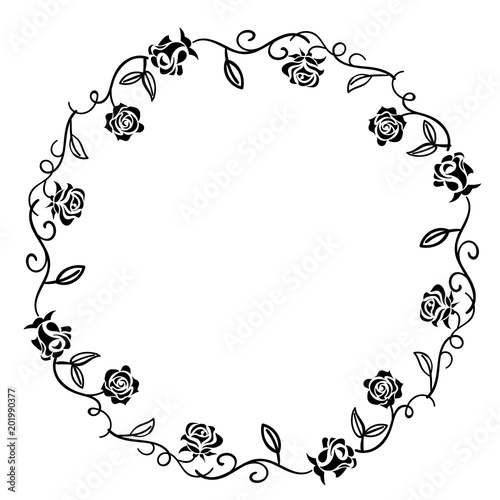 Circular leashes (black and white) drawn with roses and grass, ornaments, decorative rulings, natural decorations | vector data