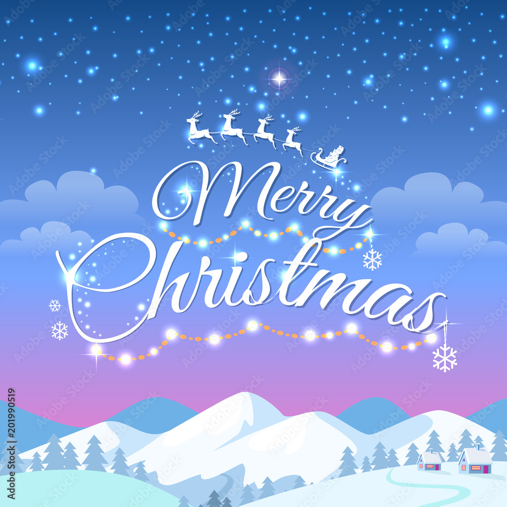 Merry Christmas Greeting Card with Snowy Mountains