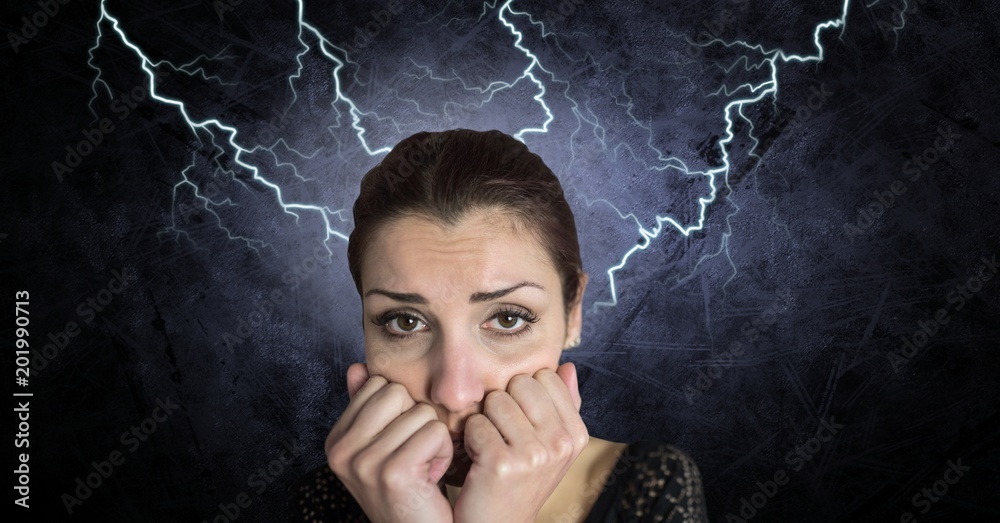 Lightning strikes and scared afraid woman Photos | Adobe Stock