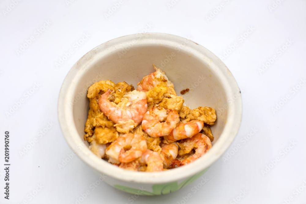 Top view of puff shrimp with egg isolated white, clean food concept, easy food Top view of puff shrimp with egg isolated white, clean food concept, easy food