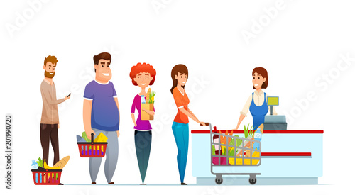 Customer queue  people shopping in supermarket at cash desk with cashier.