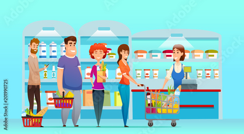 Customer queue  people shopping in supermarket at cash desk with cashier.