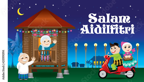A couple is just arrive their home town, ready to celebrate Raya festival with their parents. With village scene. The words "Salam Aidilfitri" means happy Hari Raya.