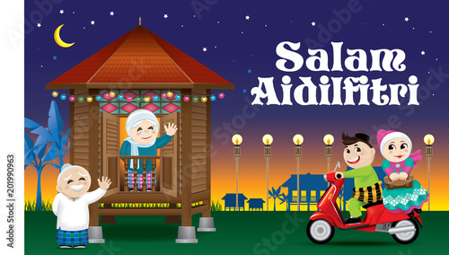 A couple is just arrive their home town, ready to celebrate Raya festival with their parents. With village scene. The words "Salam Aidilfitri" means happy Hari Raya.