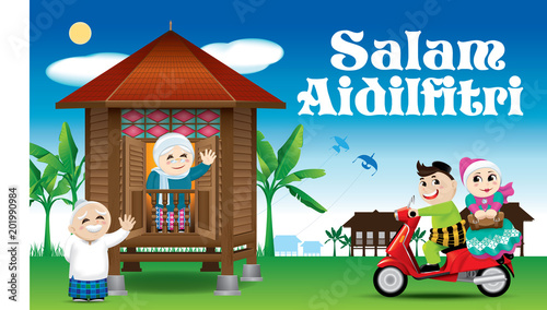 A couple is just arrive their home town, ready to celebrate Raya festival with their parents. With village scene. The words "Salam Aidilfitri" means happy Hari Raya.