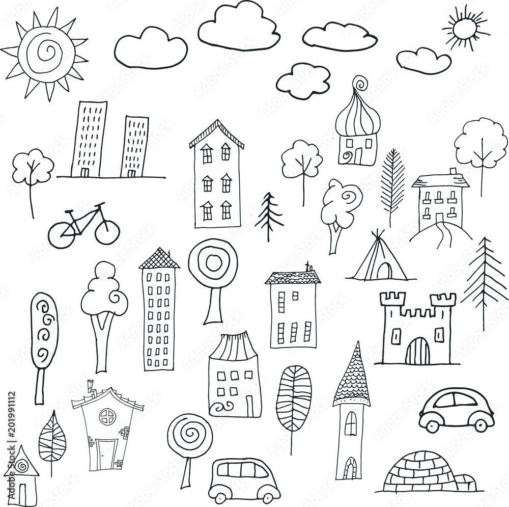 Fototapeta premium Illustration with different types of houses painted by hand