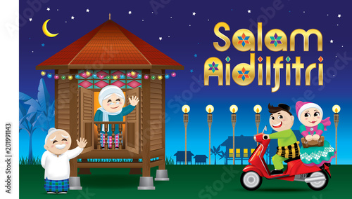 A couple is just arrive their home town, ready to celebrate Raya festival with their parents. With village scene. The words "Salam Aidilfitri" means happy Hari Raya.