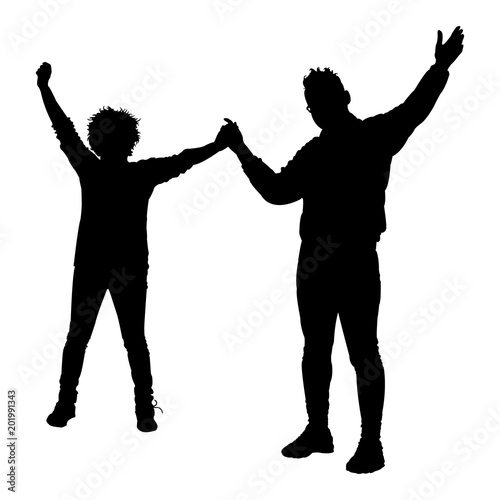 Black silhouette of young people isolated on white background. Winner. Vector.