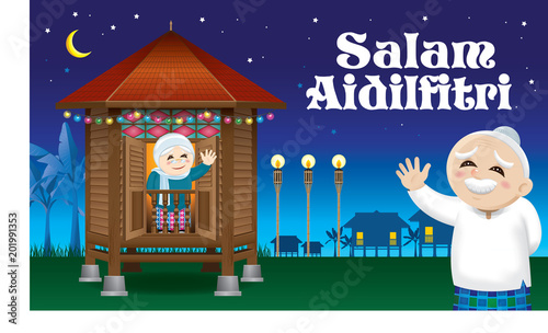 Muslim old man and woman waiting their family member home, to celebrate Raya festival together. The words "Salam Aidilfitri" means happy Hari Raya.
