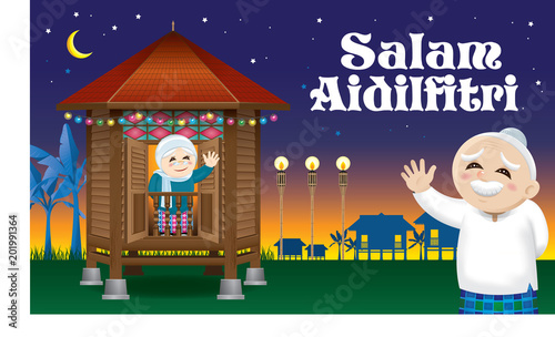 Muslim old man and woman waiting their family member home, to celebrate Raya festival together. The words "Salam Aidilfitri" means happy Hari Raya.