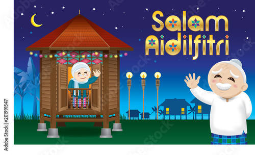 Muslim old man and woman waiting their family member home, to celebrate Raya festival together. The words "Salam Aidilfitri" means happy Hari Raya.
