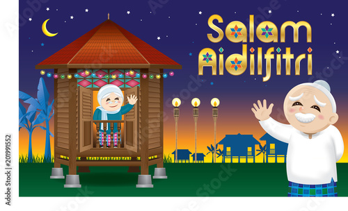 Muslim old man and woman waiting their family member home, to celebrate Raya festival together. The words "Salam Aidilfitri" means happy Hari Raya.
