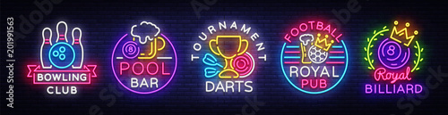 Big collection neon signs for Bowling, Darts, Billiards, Football Pub. Set Logos neon, light emblems signs and symbols, light banner, design elements, nightly vibrant advertising. Vector illustration