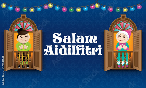 Muslim boy and girl, old man and woman standing on a Malay style window, celebrating Raya festival. The words "Salam Aidilfitri" means happy Hari Raya.