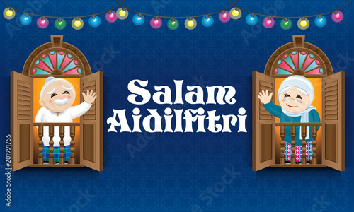 Muslim boy and girl, old man and woman standing on a Malay style window, celebrating Raya festival. The words "Salam Aidilfitri" means happy Hari Raya.
