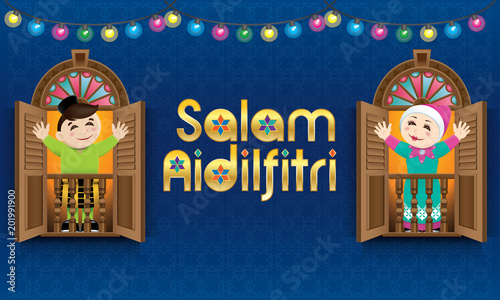 Muslim boy and girl, old man and woman standing on a Malay style window, celebrating Raya festival. The words "Salam Aidilfitri" means happy Hari Raya.