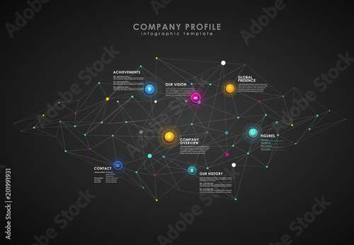 Company profile overview template with colorful circles, dots on dark background.