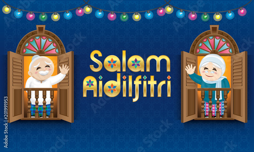 Muslim boy and girl, old man and woman standing on a Malay style window, celebrating Raya festival. The words "Salam Aidilfitri" means happy Hari Raya.