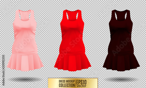 Realistic detailed 3d women dress mock up. Pink, red and dark vinous set isolated on Background sport summer clothing. Vector illustration