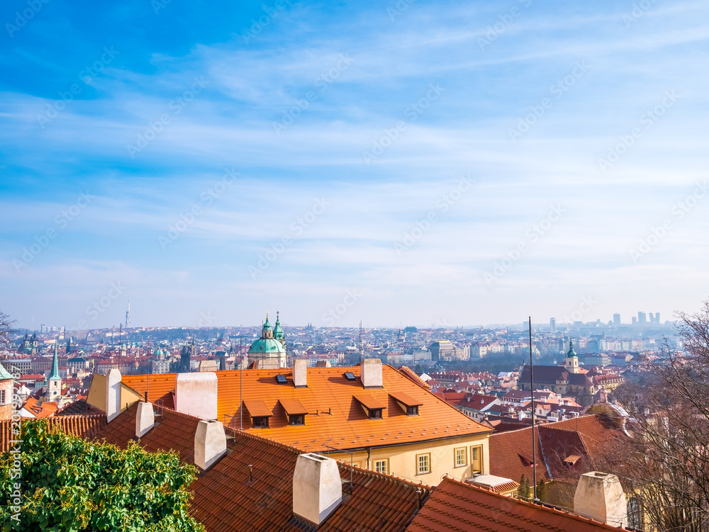 Prague Czech Republic cityscape view blue sky orange roof space old town building landmark historical city.