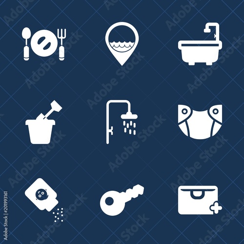 Premium set with fill icons. Such as toy, work, white, shower, bath, toilet, bathroom, summer, bag, add, job, sale, key, plate, map, care, child, fork, health, play, business, spoon, childhood, sand