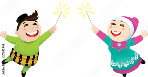Muslim boy and girl playing with fireworks. Isolated. 