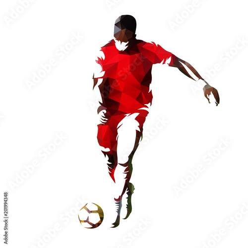 Soccer player in red jersey kicking ball, colorful polygonal vector illustration