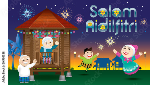 A boy and a girl is playing with fireworks during their Raya festival celebration. With village scene. The words "Salam Aidilfitri" means happy Hari Raya.