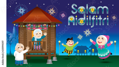 A boy and a girl is playing with fireworks during their Raya festival celebration. With village scene. The words "Salam Aidilfitri" means happy Hari Raya.