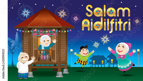 A boy and a girl is playing with fireworks during their Raya festival celebration. With village scene. The words "Salam Aidilfitri" means happy Hari Raya.