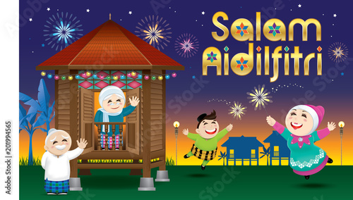 A boy and a girl is playing with fireworks during their Raya festival celebration. With village scene. The words "Salam Aidilfitri" means happy Hari Raya.