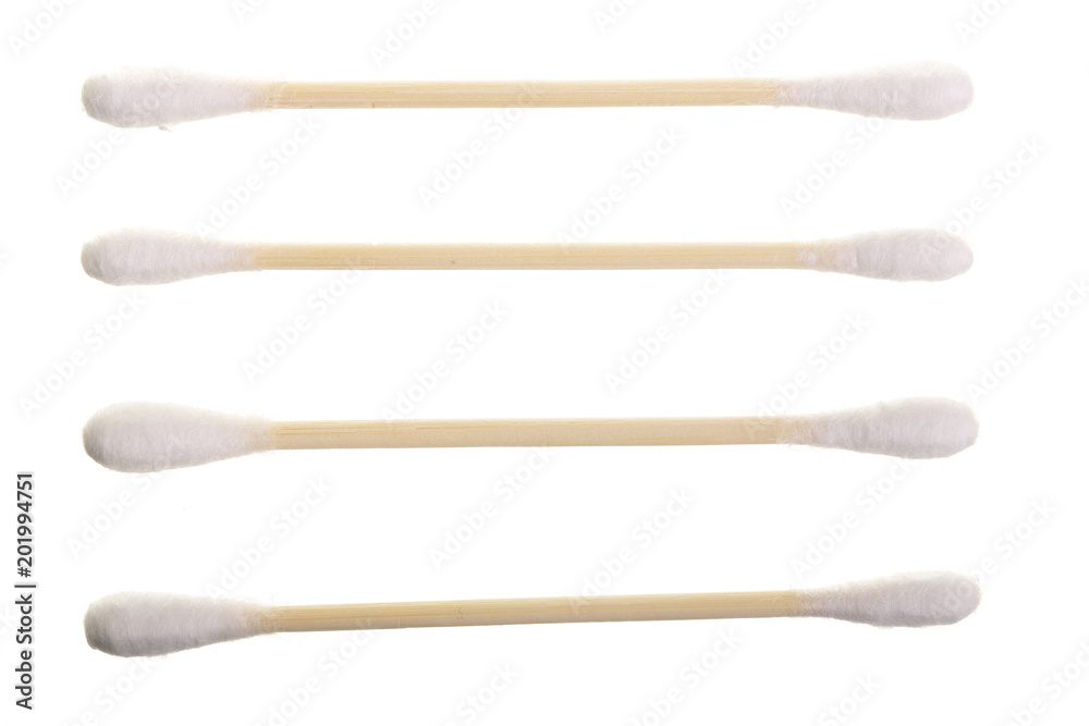 Cotton ear stick isolated on white background macro top view. Flat lay Cotton ear stick isolated on white background macro top view. Flat lay