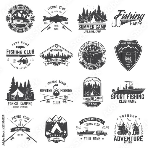 Set of fishing and camping club badge. Vector illustration.