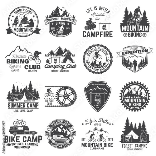 Set of Mountain biking and camping club badge. Vector