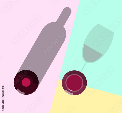 Red wine in wineglass and bottle. Top view icons on pastel colors background. Illustration for poster, banner, t-shirt.
