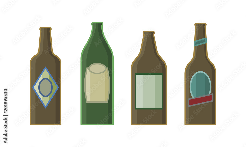 Different sorts of beer in bottles. Isolated line art style hand drawn illustration on white background. Different sorts of beer in bottles. Isolated line art style hand drawn illustration on white background.