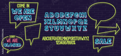 Neon speech bubble and fonts set isolated on brick wall background. For logo, poster, banner. Headline and small condensed uppercase letters.