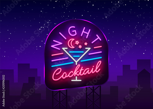 Night Cocktail is a neon sign. Cocktail Logo, Neon Style, Light Banner, Night Bright Neon Advertising for Cocktail Bar, Party, Pub. Alcohol. Vector illustration. Banner