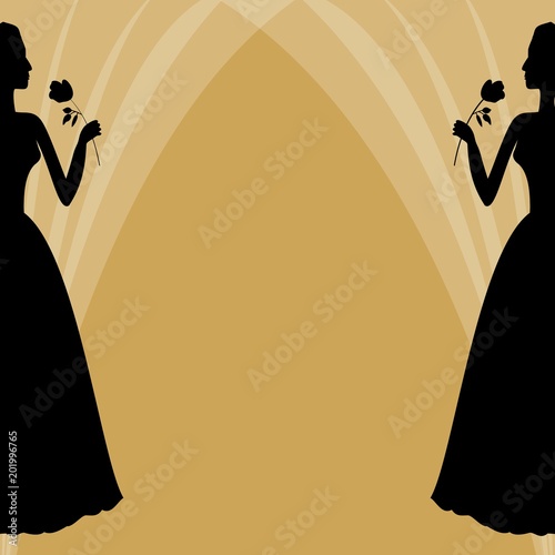 Invitation template with two victorian ladies holding a rose, symmetric design with silhouette on golden background. Ball invitation, flyer, banner, leaflet with blank area for text.